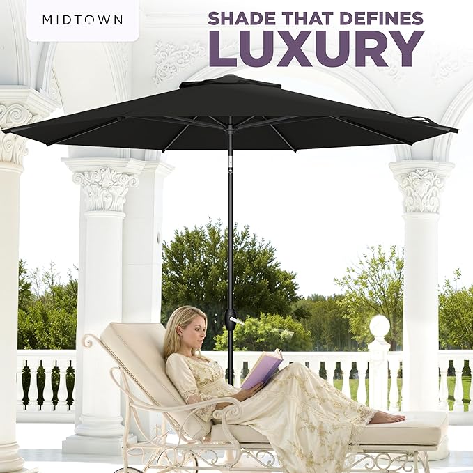 Midtown Umbrellas - The Lean 10 Ft Patio Umbrella with Fade-Resistant Sunbrella Fabric, Auto-Tilt Aluminum Frame and 8 Reinforced Ribs for Deck, Pool & Garden - Black Canopy, Black Pole