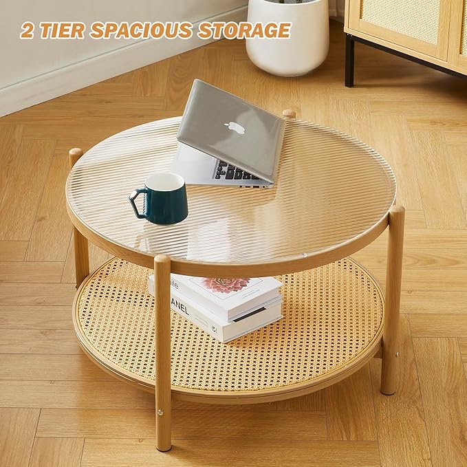 Boho Rattan Coffee Table Set of 2, Round Glass Living Room Table Set, Modern Simple 2 Tier Middle Center Table for Small Space Living Room Bedroom Office Meeting Room