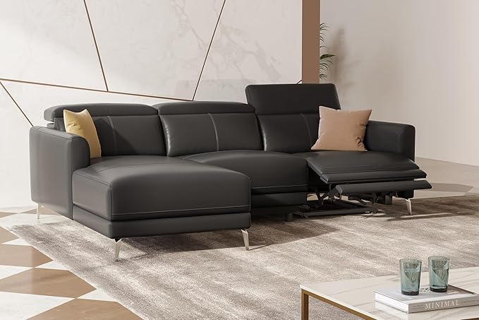 Valencia Andria 99.5" Reclining Leather Sectional Sofa, 3 Seater Reclining Couch with Left Hand Chaise | Italian Nappa 11000 Top Grain Leather | Power Reclining Seat with Adjustable Headrests - Black