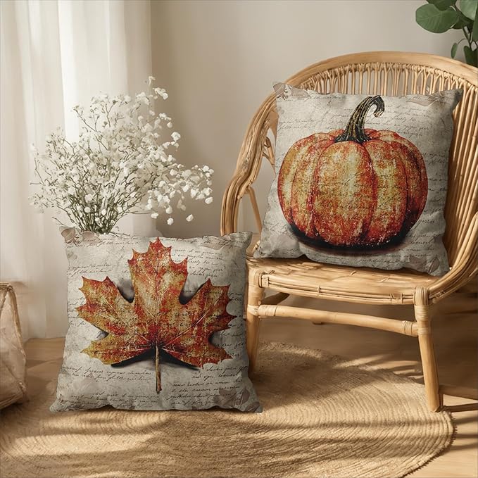 Fall Decorative Pillow Covers 24x24 Set of 2 Vintage Fall Burnt Orange Pumpkin Maple Leaf Throw Pillows Rustic Farmhouse Autumn Thanksgiving Outdoor Cushion Case for Couch Sofa