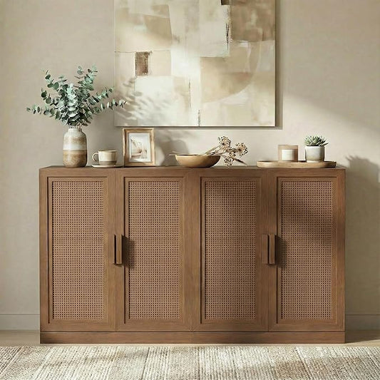 Casaphoria Adam Sideboard Buffet Cabinet with Storage, Sideboard Cabinet with Rattan Doors & Adjustable Shelves, 62" W x 36" H Coffee Bar for Entryway Kitchen Living Room, Walnut