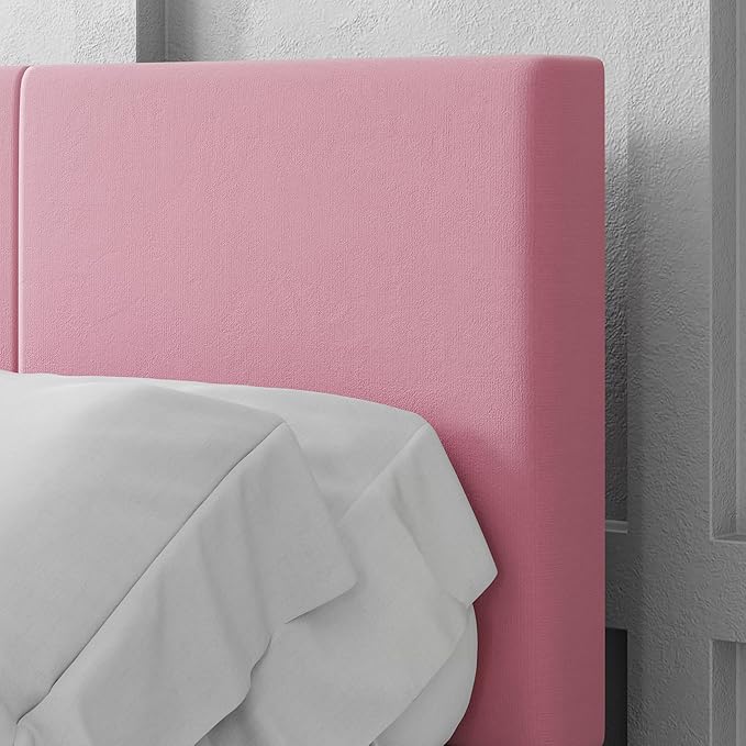 Full Size Bed Frame with Upholstered Headboard, Sturdy Wood Slats, No Box Spring Required, Silent, Easy Assembly,Pink