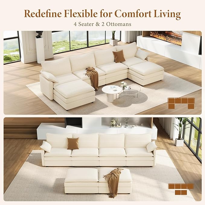 Vesgantti 135" U Shaped Modular Sectional Sofa, Oversized Cloud Couch with Ottoman Deep Seat Chenille Cloud Sofa, Large Sectional Couches Set for Living Room, Bedroom and Apartment, Blue | Sink-in Comfort, Height Adjustable, Easy Rearrangement, Extra-d...