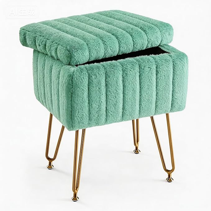 DUMOS Vanity Stool Chair, Ottoman with Storage, Makeup Cute Soft Small Footstool, Modern Style Faux Fur Seat with 4 Metal Legs & Adjustable Feet for Dressing, Living Room, Bedroom, Dorm, Green