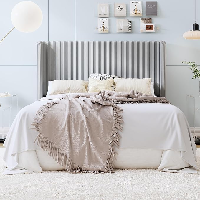 SHA CERLIN Queen Size Corduroy Upholstered Platform Bed Frame with Vertical Channel Tufted Wingback Headboard, 8" Under Bed Storage, Wooden Slats & Metal Frame Support, Easy Assembly, Light Grey