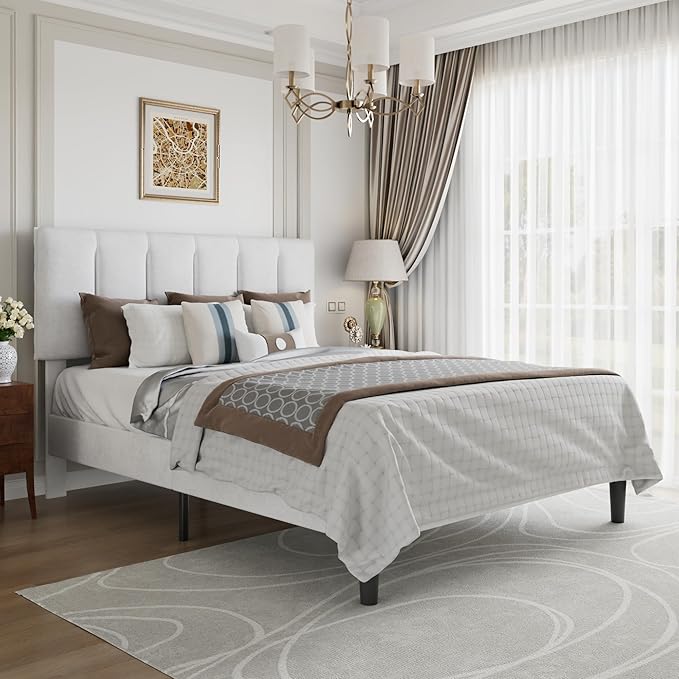 VECELO Full Bed Frame with Upholstered Headboard, Heavy-Duty Platform Bedframe with Strong Wooden Slats Support, No Boxing Spring Needed, Pure White