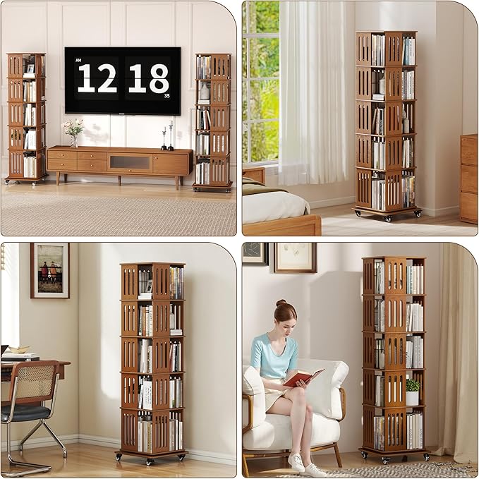 5 Tier Rotating Bookshelf Tower on Wheels, Wood Spinning Bookcase, Bamboo Revolving Book Shelf, Narrow Bookshelves for Small Space, Corner, Bedroom, and Living Room - Walnut