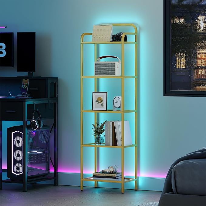 Bookshelf, Tall Narrow Bookcase with LED Lights, Tempered Glass Bookshelves with Steel Frame, Display Shelf, Slim Shelving Unit for Living Room, Bedroom, 9.6"D x 15.4"W x 55.9"H Gold BC34599G