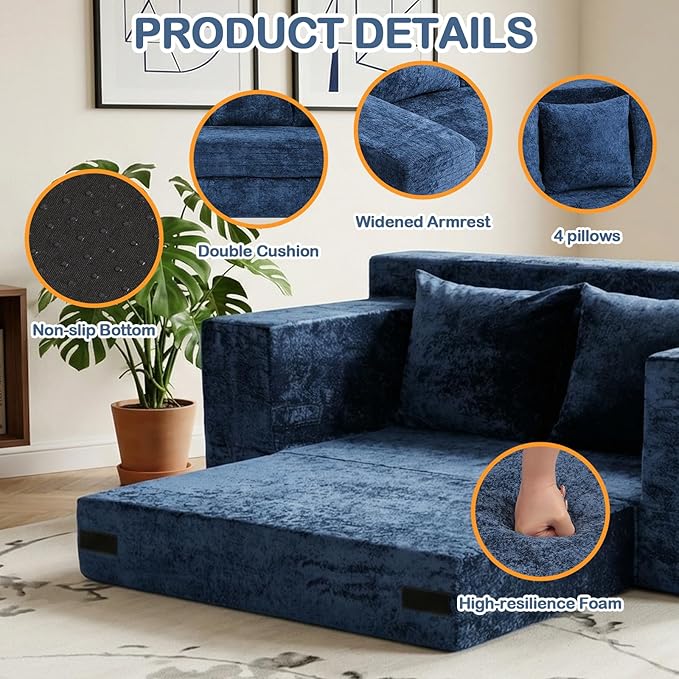 Boneless Loveseat Sleeper Sofa Bed, 3-in-1 Convertible Sofa Bed and Floor Futon Couch (Velvet-Blue, Loveseat (55"))