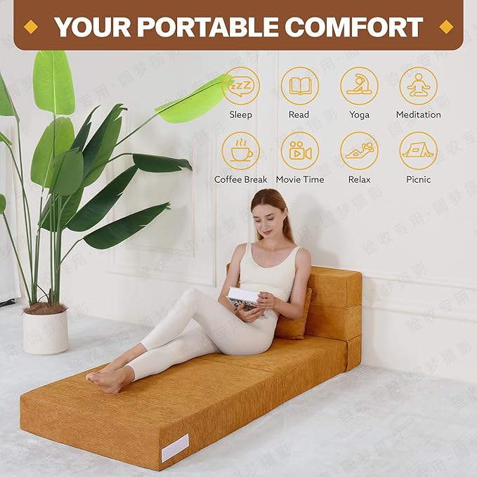 Fvkind Folding Sofa Bed, 4 in 1 Convertible Fold Out Single Chair Bed with Pillow, Memory Foam Futon Chair, Foldable Futon Couch, Foldable Sofa Mattress for Living Room, Bedroom, Guest Room, Yellow