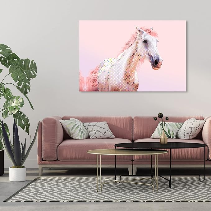 Country Farmhouse Canvas Print Painting Animal Wall Art 'Pink Glam Horse' Unframed Gallery Wrapped Canvas Rustic Home Décor 54x36 in Pink, White by Oliver Gal