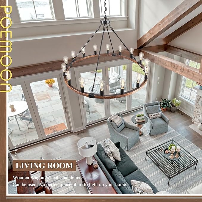 16 Lights Farmhouse Wagon Wheel Chandelier 43.3'' Rustic Wooden Light Fixture Black Round Chandelier Industrial for High Ceiling Living Dining Room Foyer Villa