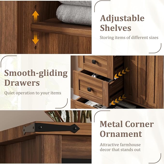 GarveeHome Farmhouse 5 Drawer Dresser for Bedroom, 48" Tall Wood Dressers Chest of Drawer with Sliding Barn Door, Adjustable Shelf, Storage Organizer for Bedroom, Hallway, Living Room, Kitchen, Walnut