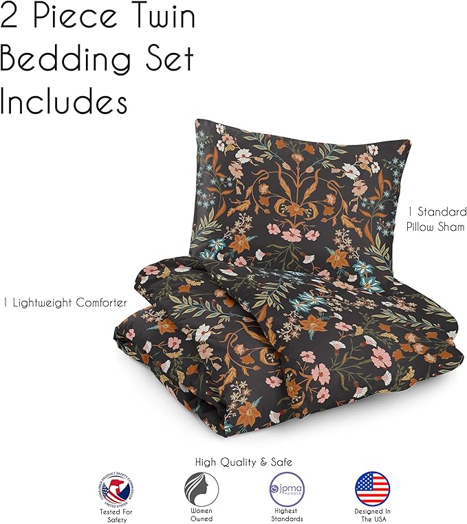 Sweet Jojo Designs 2-Piece Twin Comforter Set (Black Boho Wildflower Floral) for Girls, Teen Kids Bedding, Bed in a Bag incl. Blanket & Pillow Sham (Vintage, Bohemian Farmhouse, Botanical Cottagecore)
