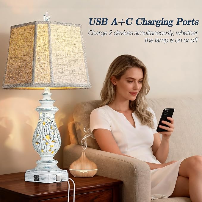 PARTPHONER 29" Table Lamps Set of 2, Bedside Lamps with USB A+C Ports & Night Light, Farmhouse Nightstand Lamps with Linen Fabric Shades for Bedroom Living Room, Washed Blue (LED Bulbs Included)