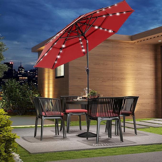 DUMOS 10FT 3-Tier Outdoor Patio Umbrella with 32 LED Lights & Crank, 8 Sturdy Ribs Table Umbrella for Pool, Market, Terrace, Beach and Outdoor Restaurant, Scarlet