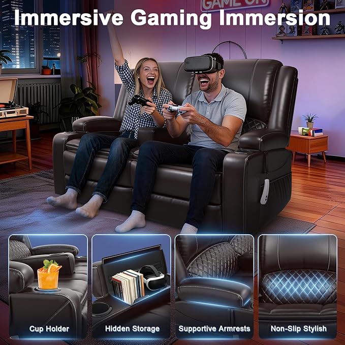 Yolsali Power Reclining Loveseat with Remote Control, Zero Wall Hugger RV Loveseat Recliner Sofa for Living Room with Removable Armrest, 2-Tier Cushions, Hidden Storage & USB Ports, PU Leather Brown
