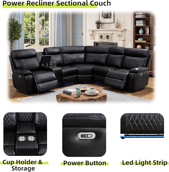 Power Reclining Sectional Sofa, 5 Seat Sectional Couch with Recliners, Breathing Leather Sectional with 2 Recliners,USB Charging Ports, Cup Holders, LED Light Strip, Living Room Furniture Set | Breathable material, LED Lighting