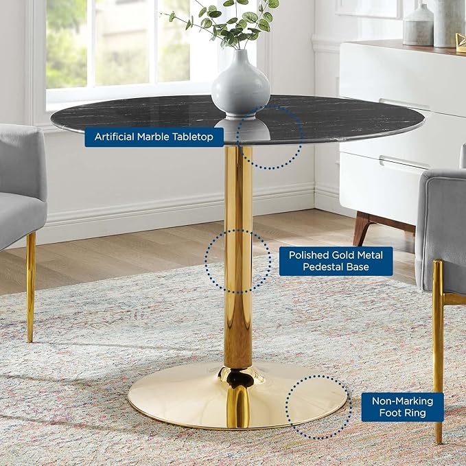 Modway Verne Round Artificial Marble 40" Dining Table in Gold Black