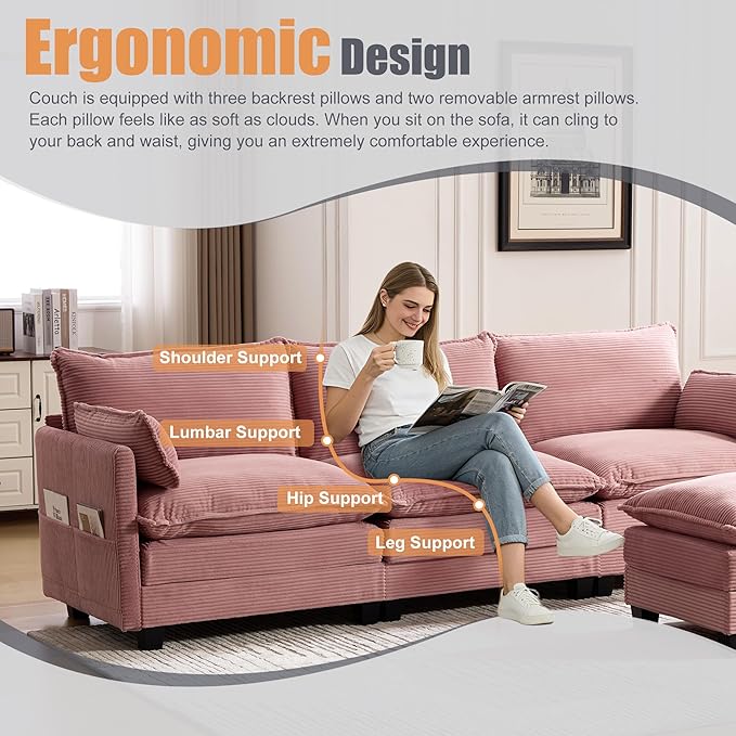 103" Oversized Modular Sectional Sofa Couch with Reversible Ottoman, Free Combination Convertible Corner Couch,Corduroy Upholstered Cloud Sectional Couch with Side Pockets | Multiple Cushions, DIY Combination, Removable Cover