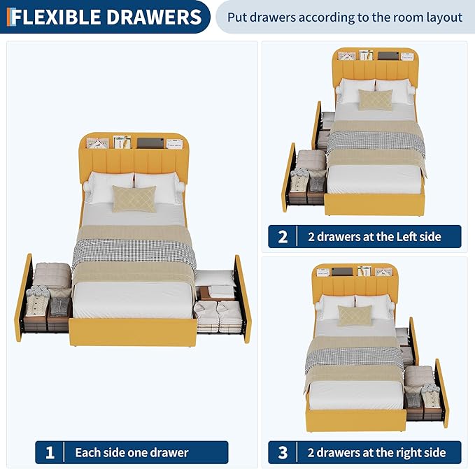 IDEALHOUSE Twin Bed Frame for Kids, Boucle Upholstered Platform Bed for Boys/Girls with 2 Flexible Drawers, Bookcase Headboard, Noise-Free, Easy Assembly, No Box Spring Needed, Yellow