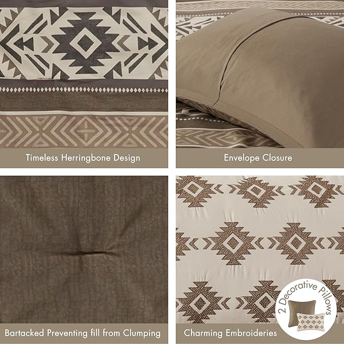 Madison Park King Comforter Set, Stripes Herringbone Southwestern Boho Comforters King Size, All Season Lightweight & Fluffy Microfiber Bed Set, 2 Décor Pillows, Mariposa, King/Cal King Brown 5 Piece