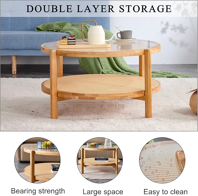 Tempered Glass Round Coffee Table, Farmhouse Circle Coffee Table with Rattan Woven Shelf for Storage, Solid Wood Circular Center Table for Living Room