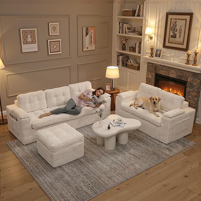83" Boneless Couch, 3-Seater Cloud Corduroy Sofa in a Box with Deep Tufted Cushions, Zero Assembly, Removable Washable Cover, Family-Friendly Living Room Couch, Beige