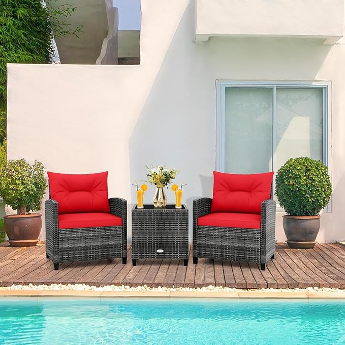 LDAILY Patio Furniture Set, 3 Pieces PE Rattan Wicker Patio Sofa Chairs with Washable Cushion & Glass Table, Outdoor Furniture Conversation Sets for Porch, Balcony, Garden, Poolside (Red)