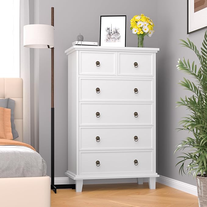 6 Drawer Tall Dresser for Bedroom, White Large Chest of Drawers, Modern Farmhouse 6 Drawers Storage Dresser for Living Room, Hallway, Entryway, Home Office