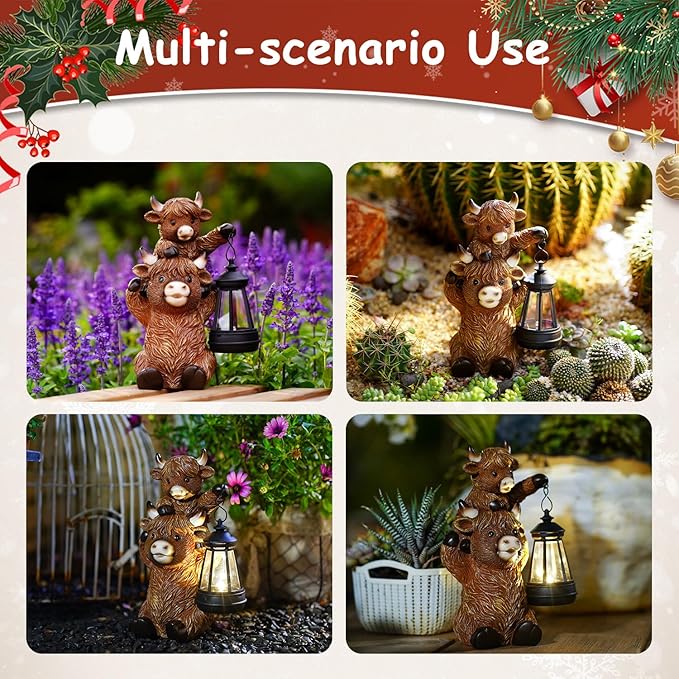 Solar Highland Cow Garden Decor - Resin Cow Statue with Solar Lantern Outdoor Yard Patio Decor - Ideal Gifts for Women,Mom Men (Copper)