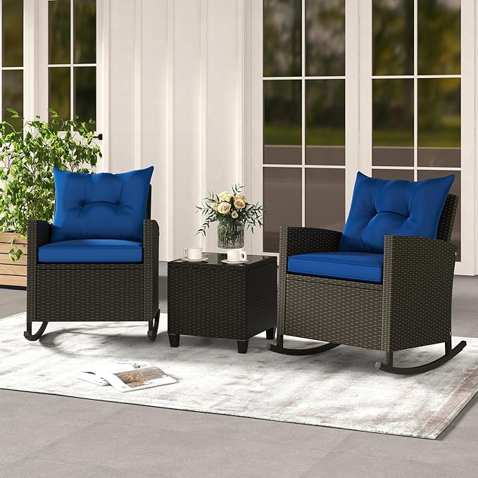 Tangkula 3 Piece Wicker Rocking Set, Patio Rattan Roker Chairs with Tempered Glass Table & Soft Cushions, Outdoor Furniture Set for Backyard, Poolside Porch (Navy)