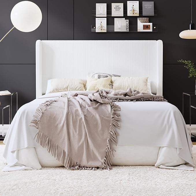 SHA CERLIN Full Size Corduroy Upholstered Platform Bed Frame with Vertical Channel Tufted Wingback Headboard, 8" Under Bed Storage, Wooden Slats & Metal Frame Support, Easy Assembly, White