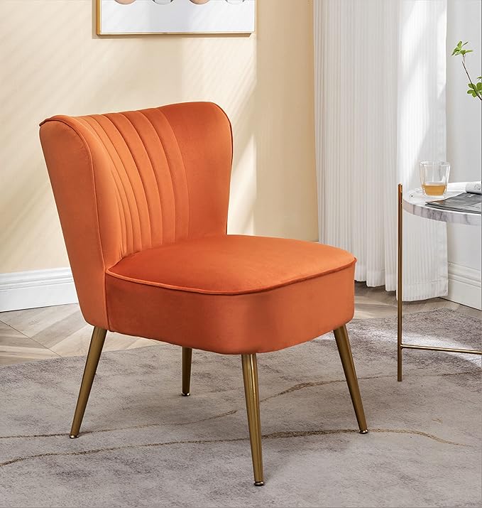 Modern Velvet Accent Chair for Living Room, Bedroom, or Entryway, Stylish and Comfortable Armless Design with Metal Legs, Orange Red