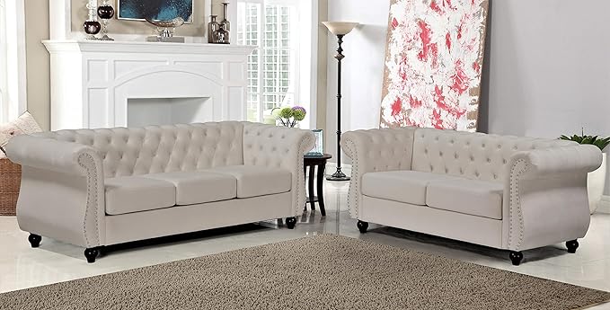 Container Furniture Direct Feinstein Modern Velvet Chesterfield Couches for Living Room with Nailheads, Diamond Tufting & Durable Metal Frame, Loveseat, Sofa, Ivory