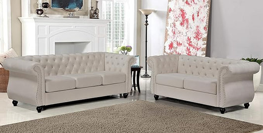 Container Furniture Direct Feinstein Modern Velvet Chesterfield Couches for Living Room with Nailheads, Diamond Tufting & Durable Metal Frame, Loveseat, Sofa, Ivory