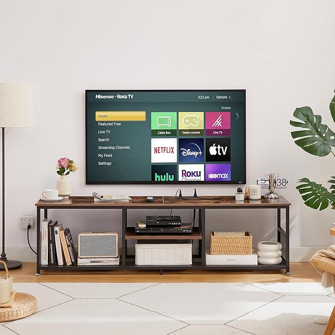 VECELO TV Stand with Power Outlets for Televisions up to 75Inch, 62" Media Entertainment Center with Charging Station 3-Tier Open Storage Shelves with Metal Frame for Living Room/Bedroom，Brown