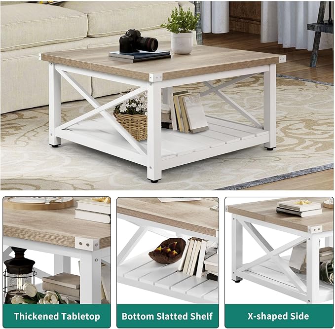 YITAHOME Farmhouse Coffee Table, Square Coffee Tables for Living Room, Vintage Living Room Table with Shelf, Coffee Table with Storage, Grey Wash