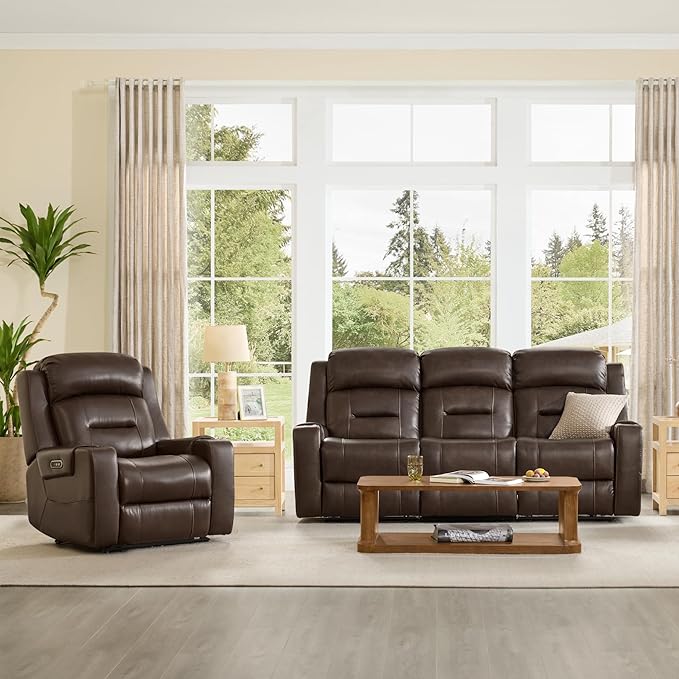 Watson & Whitely Genuine Leather Power Loveseat and Recliner Sofa Set, Lay Flat Reclining Couch with Console, Power Headrest, USB & Wireless Charging, Cup Holders for Living Room, Dark Brown