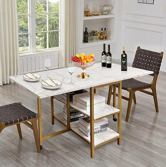 AT-VALY Folding Dining Table with 2 Storage Open Shelf,Drop Leaf Extension Dining Table,Top Folding 15.7" to 55.1" Kitchen Table (Gold)