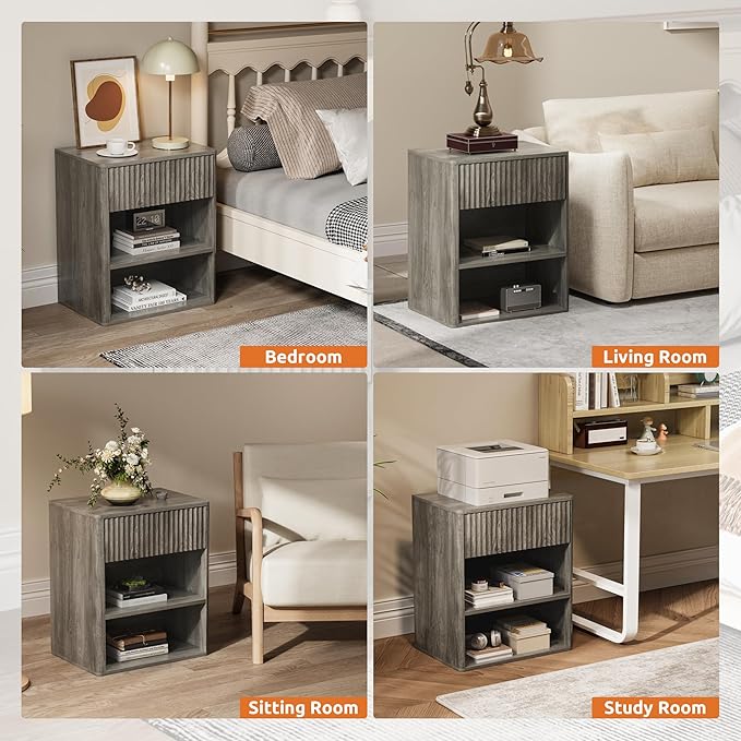 Nightstand Bedside Table Storage Drawer - Large Mid Century Modern Night Stand with Fluted Wood Storage Drawer and Open Shelf Bed Side Table for Living Room Study Room, Modern Gray, Set of 1