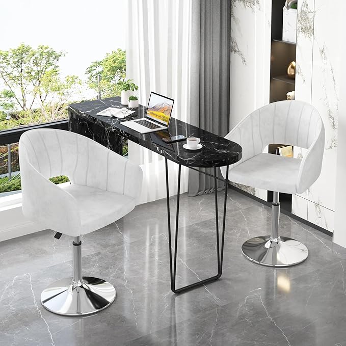 VECELO Velvet Accent Chair Set of 2, Adjustable Luxury Vanity & Dining Chair with Gold Barstool Base, 360°Swivel Upholstered Armchair for Living Room, Bedroom, Home Office, Pearl White