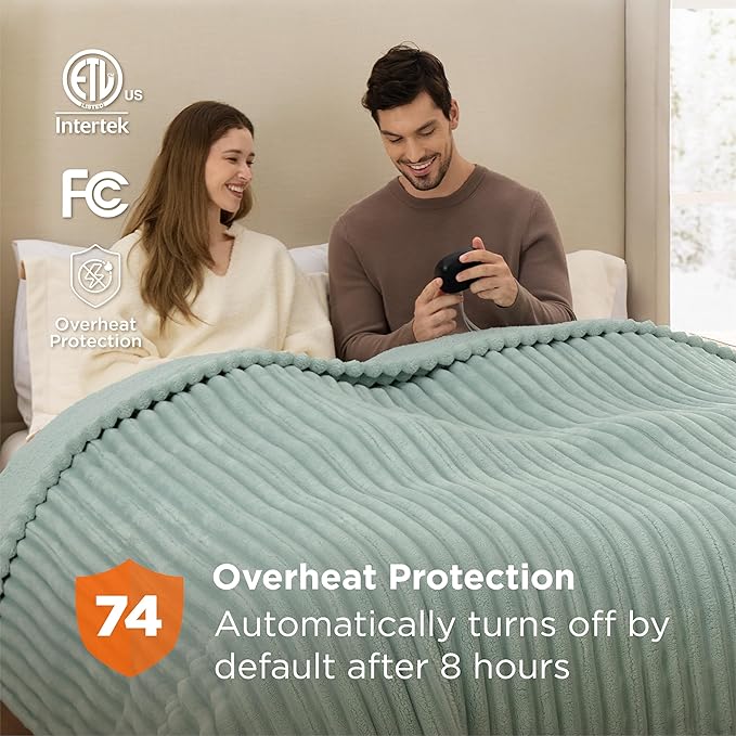 Bedsure Electric Blanket King Size - Thick Striped Flannel Electric Blanket with Dual Control, Heating with 10 Heat Settings & 10 Time Settings, 8 hrs Timer Auto Shut Off (90x100 inches, Green)