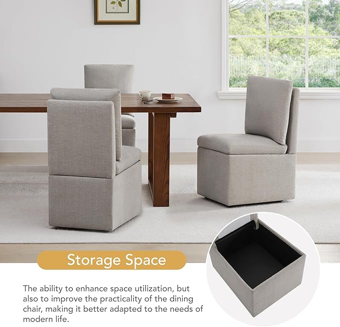 Upholstered Dining Chairs with Casters, Modern Dining Room Chairs Set of 2 with Hidden Storage & 4 Wheels, Single Sofa Chair for Kitchen, Reading Room, Waiting Room, Khaki