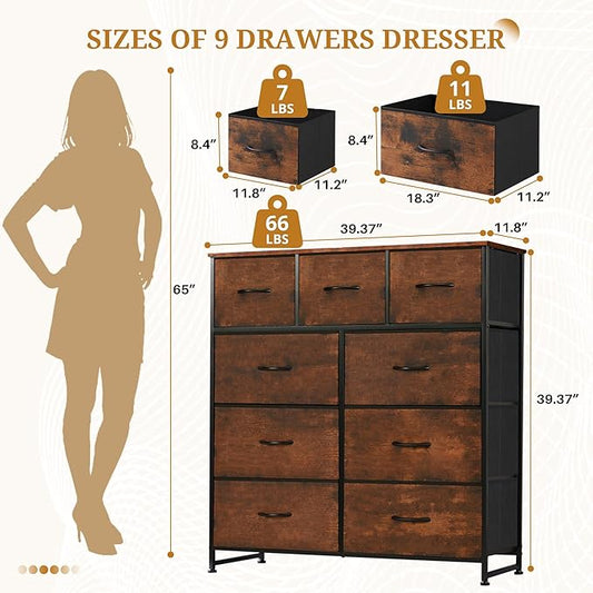 Dresser with 9 Drawers for Bedroom, Fabric Clothes Cabinet for Closet, Anti-Tip Storage Dresser with Metal Frame for Living Room, Entryway, Dorm, Brown