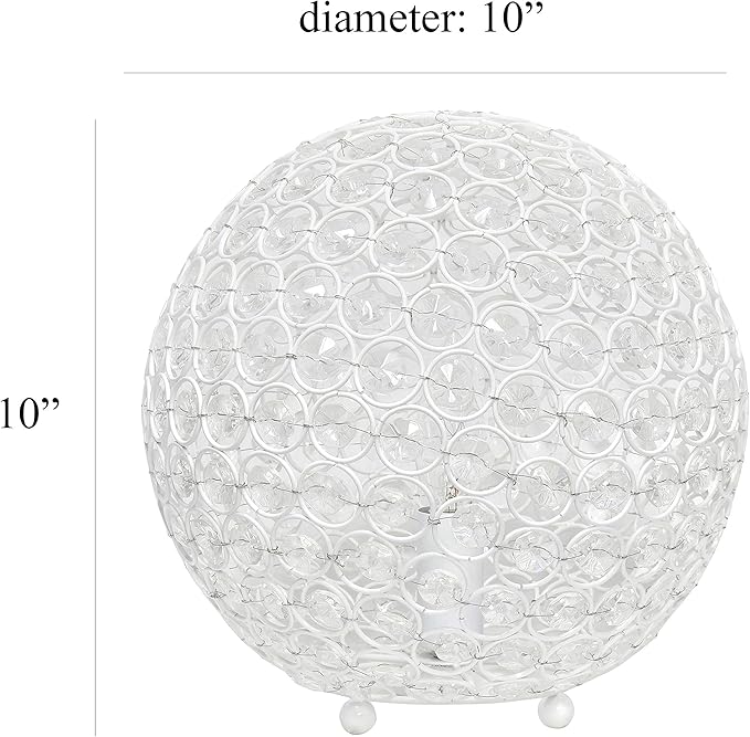 Elegant Designs LT1067-WHT 10" Elipse Crystal Collection Metal Crystal Ball Sequin Table Desk Lamp for Accent Lighting, Décor, Living Room, White