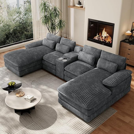 133" Oversized U Shaped Cloud Couch Modular Sectional Couches for Living Room Comfy Corduroy Deep Seat Sofa Set with Double Chaise Lounge, Storage Central Console, Cup Holders, USB Port, Dark Grey