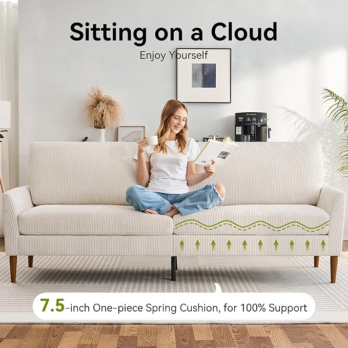 88" Loveseat Sofa, Comfy White Corduroy Couches for Living Room, Modern Oversized Love Seat Sofa, Tool-Free Setup Large Couches for Bedroom Office