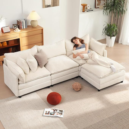 Vesgantti 108" Modular Sectional Sofa, Comfy Cloud Couch with Movable Ottoman Deep Seat Chenille L Shaped Modular Sofa, Sectional Couches for Living Room, Bedroom and Apartment, Beige White | Sink-in Comfort, Height Adjustable, Easy Rearrangement, Extr...