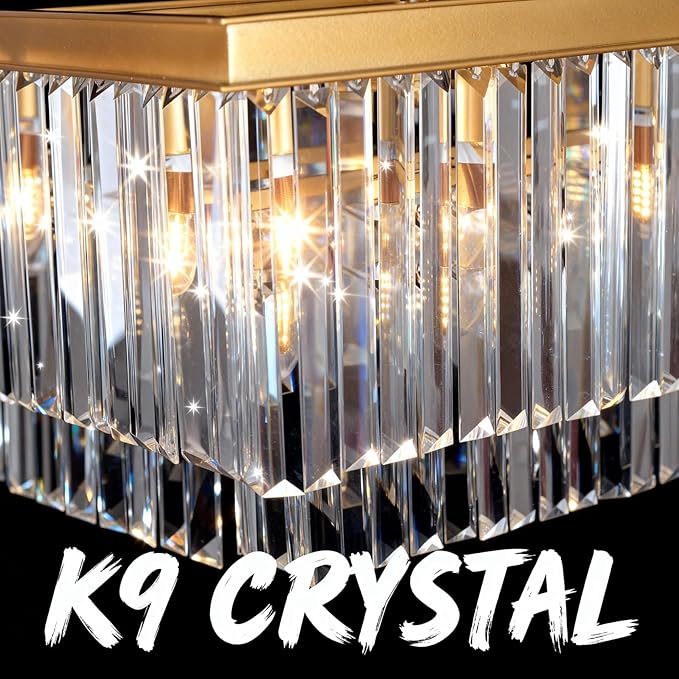 Gold Modern Rectangular Crystal Linear Chandeliers Rectangle Contemporary Pendant Ceiling Light Fixture for Kitchen Island, Dining Room, Bar, 12-Light 47 Inches